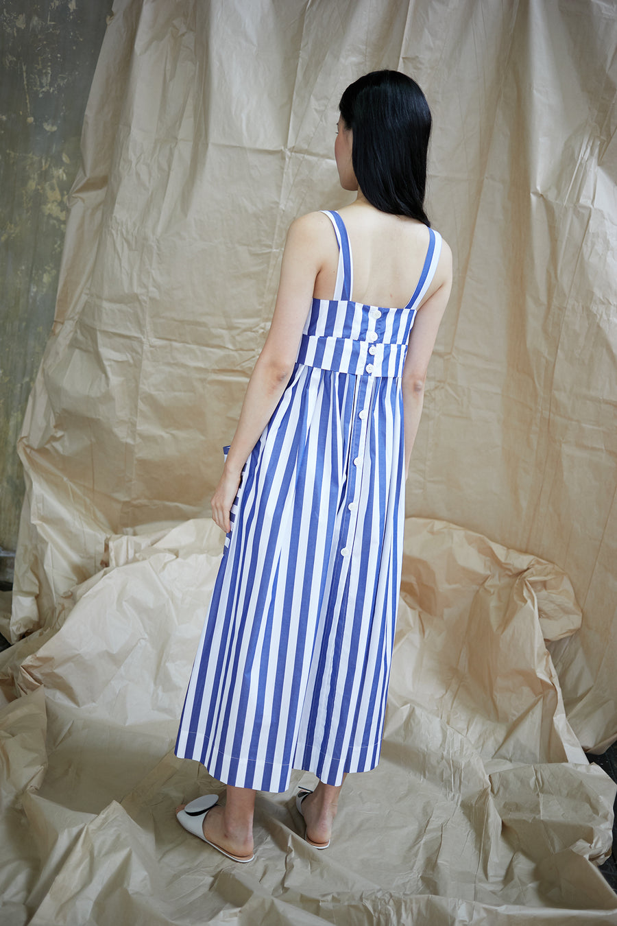 Pocket Dress in Blue and White Vertical Stripes